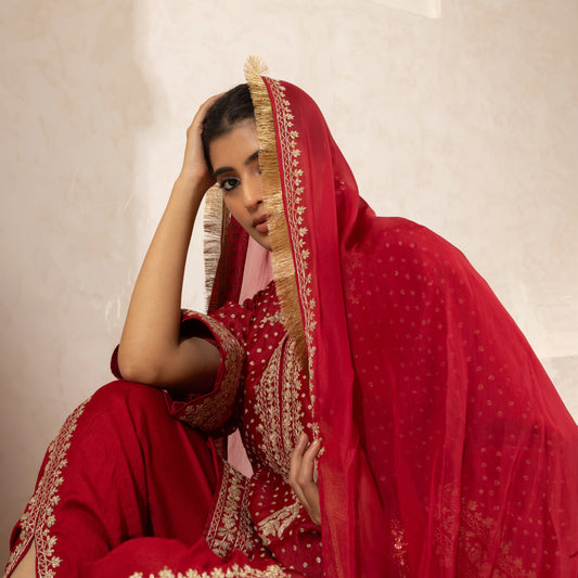 Elegant Red Chanderi Silk Kurta-Dhoti Set with Dori Embroidery and Dupatta