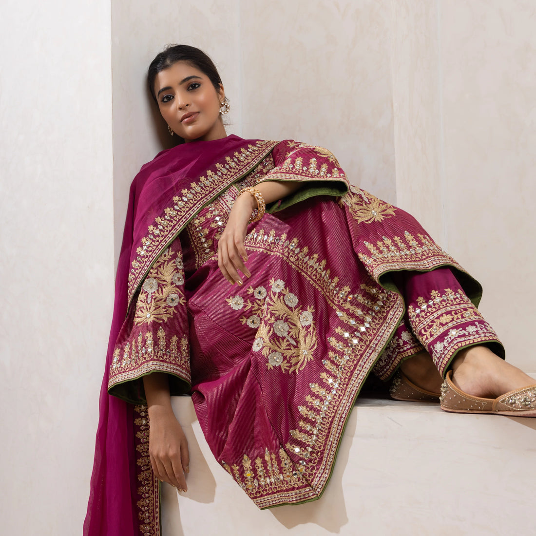 Rani Pink &amp; Mustard Chanderi Kurta Set with Mirror-Aari Zari Embroidery: