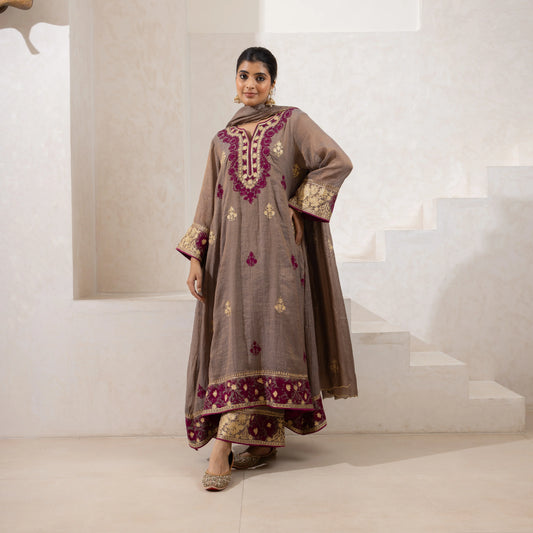 Gota and Zari Embroidered Kurta Set in Pure Cotton Silk with Pakistani Salwar and Organza Dupatta